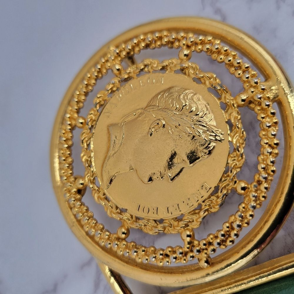 Vintage Green Leather Statement Belt with Gold Napoleon Coin Medallion - Picture 9 of 16
